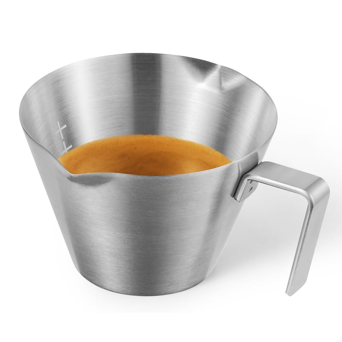 MHW-3BOMBER espresso measuring cups, top view, highlighting durable stainless build for precise pours.