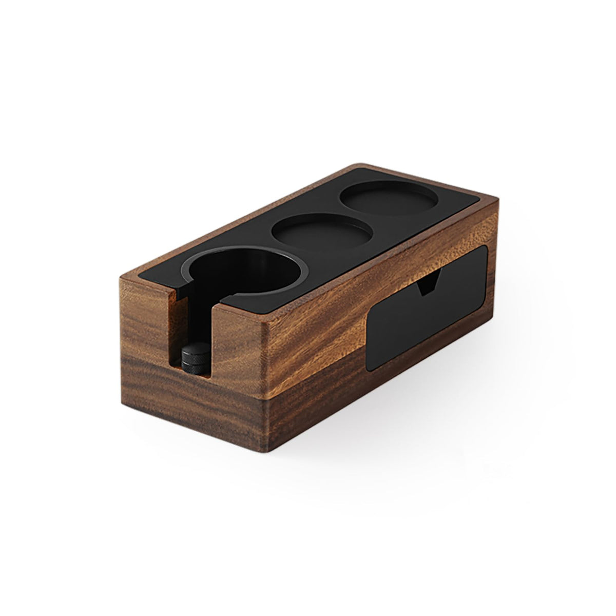 MHW-3BOMBER tamping station with wooden base for organized espresso prep.