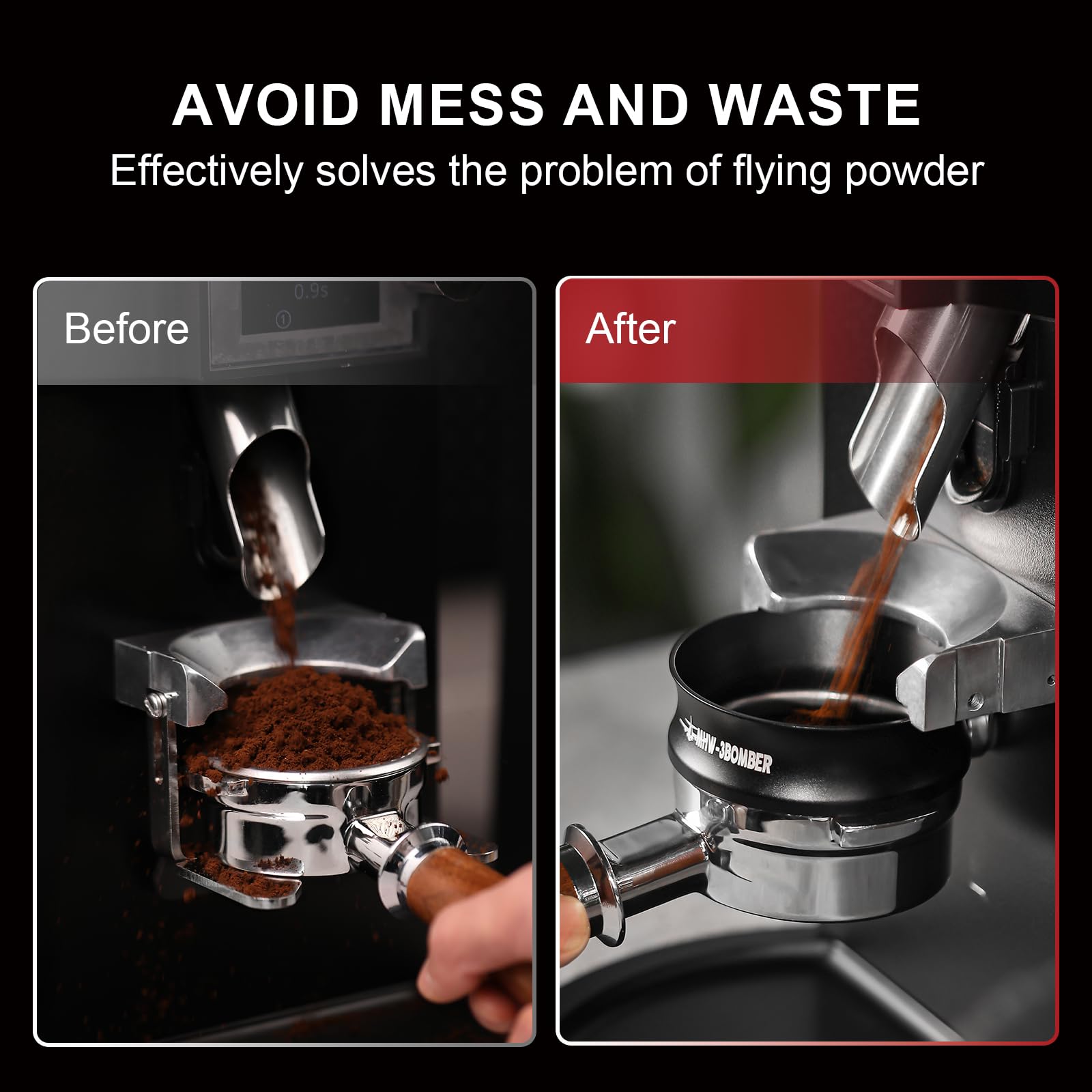 Flared upper opening reduces powder spills during dosing.