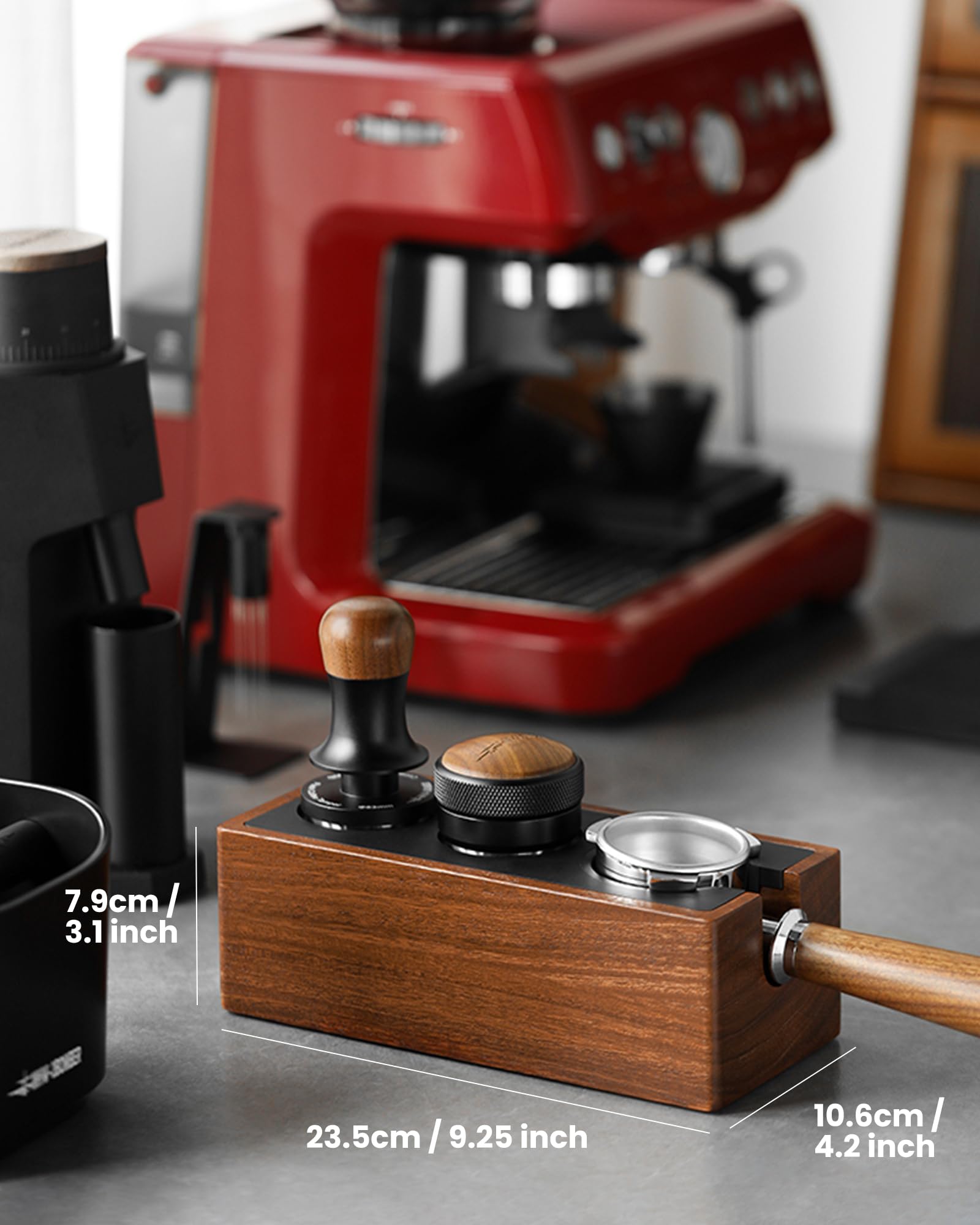 Storage for baskets and puck screens keeps tools accessible.