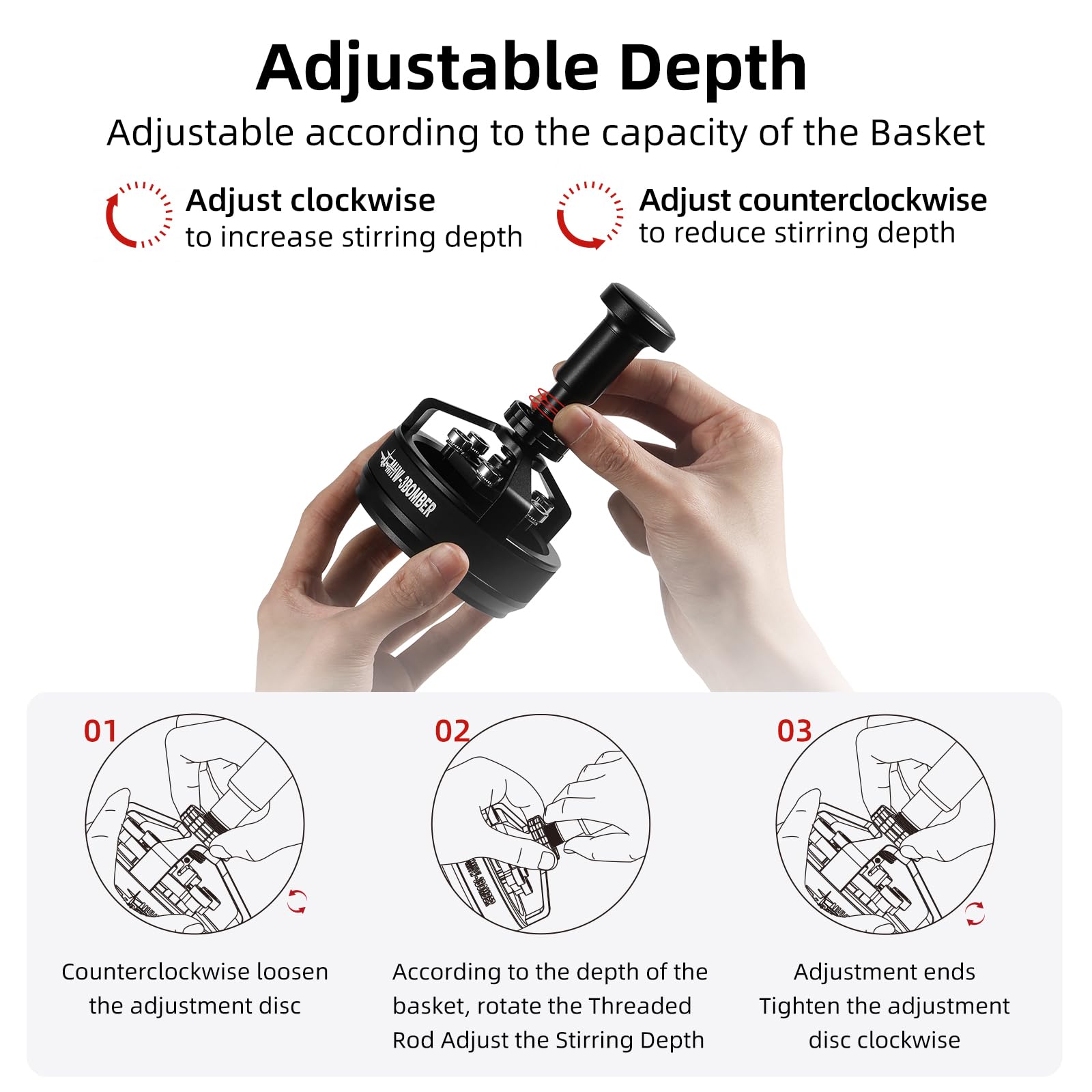 Adjustable needle height lets you tailor depth to your basket.