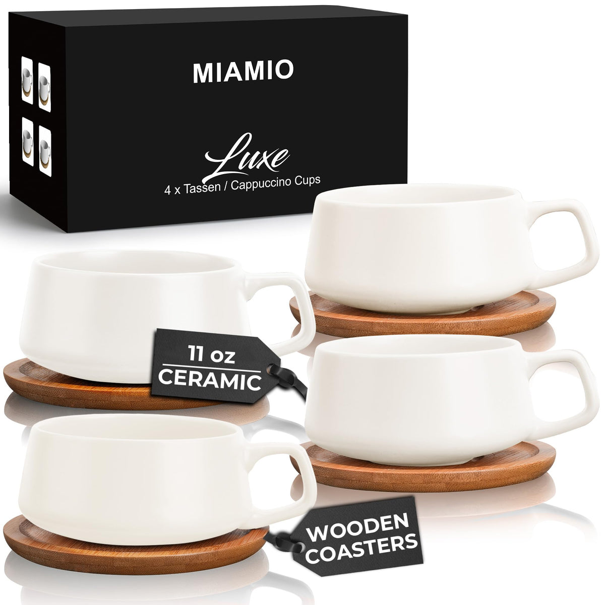 MIAMIO 11oz ceramic teacups with wooden saucers for everyday coffee and tea
