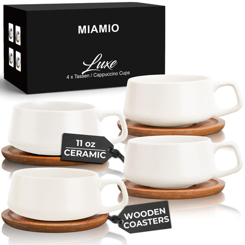 MIAMIO 11oz ceramic teacups with wooden saucers for everyday coffee and tea