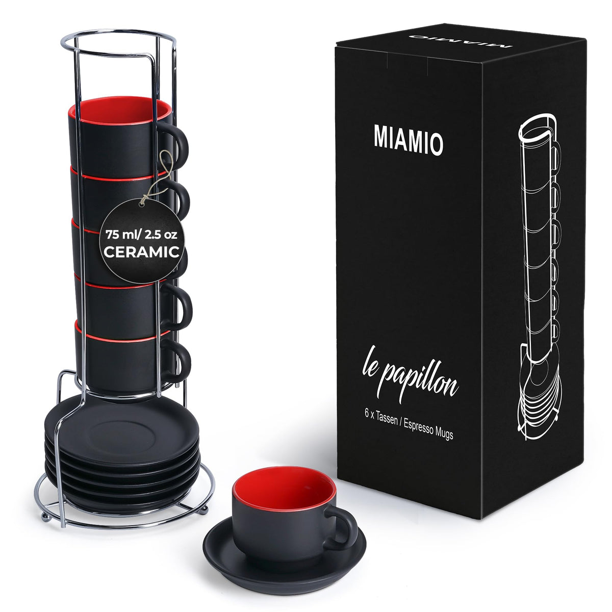 MIAMIO Le Papillon red espresso cups for a compact ritual.