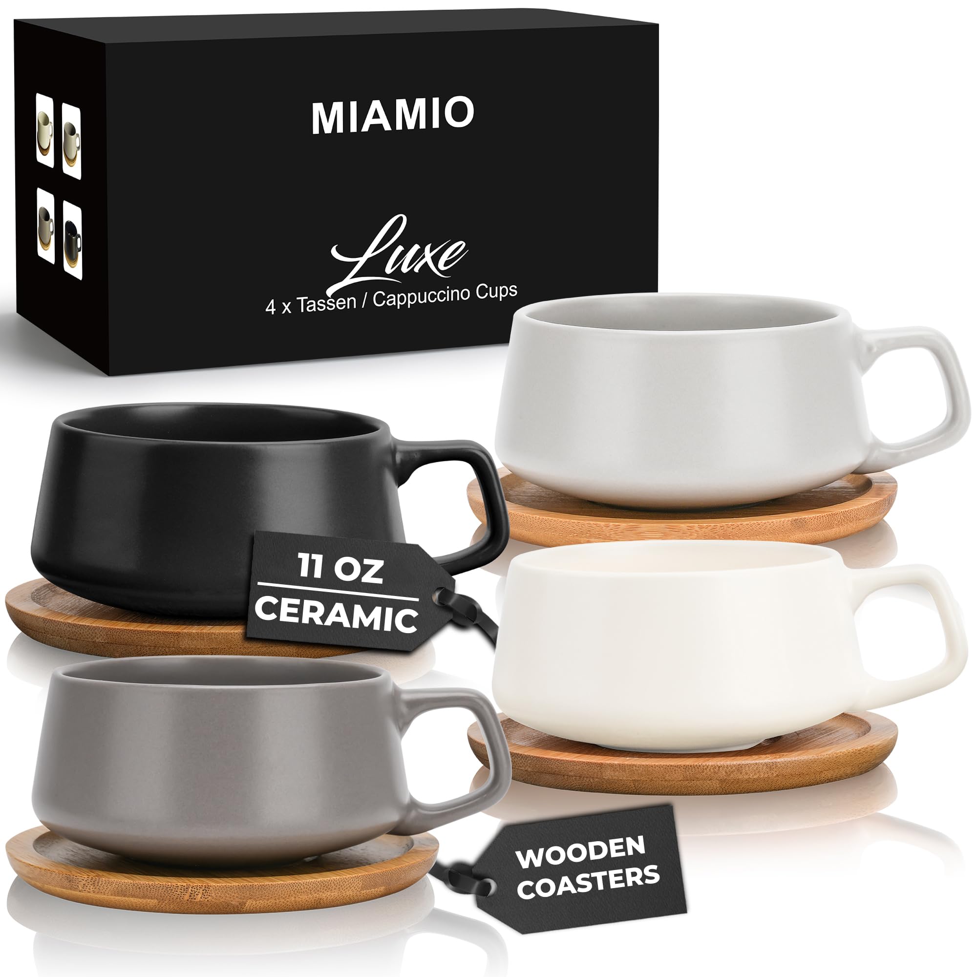 MIAMIO 11oz tea cups with wooden saucers for elegant entertaining.
