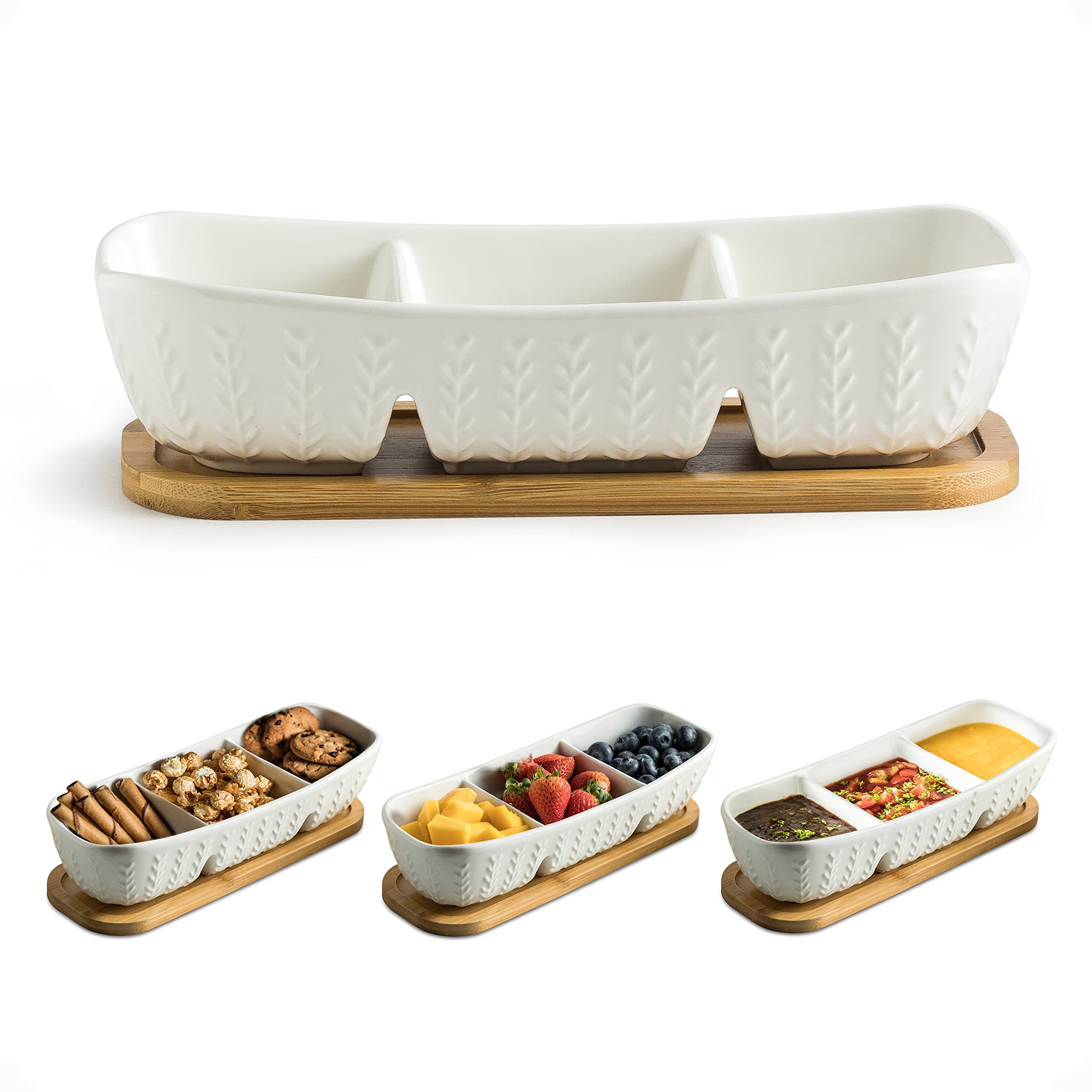 Miamolo three-compartment tray with wooden base for elegant party snacking