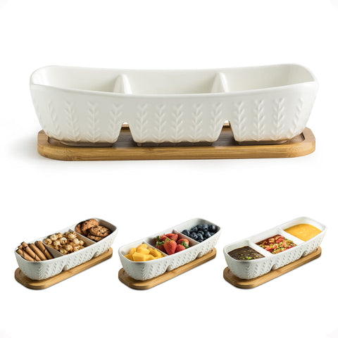 Miamolo three-compartment tray with wooden base for elegant party snacking