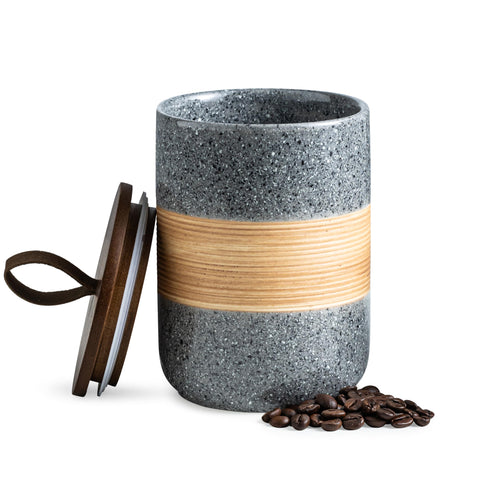 Miamolo airtight coffee storage jar with grey lid keeps beans fresh.