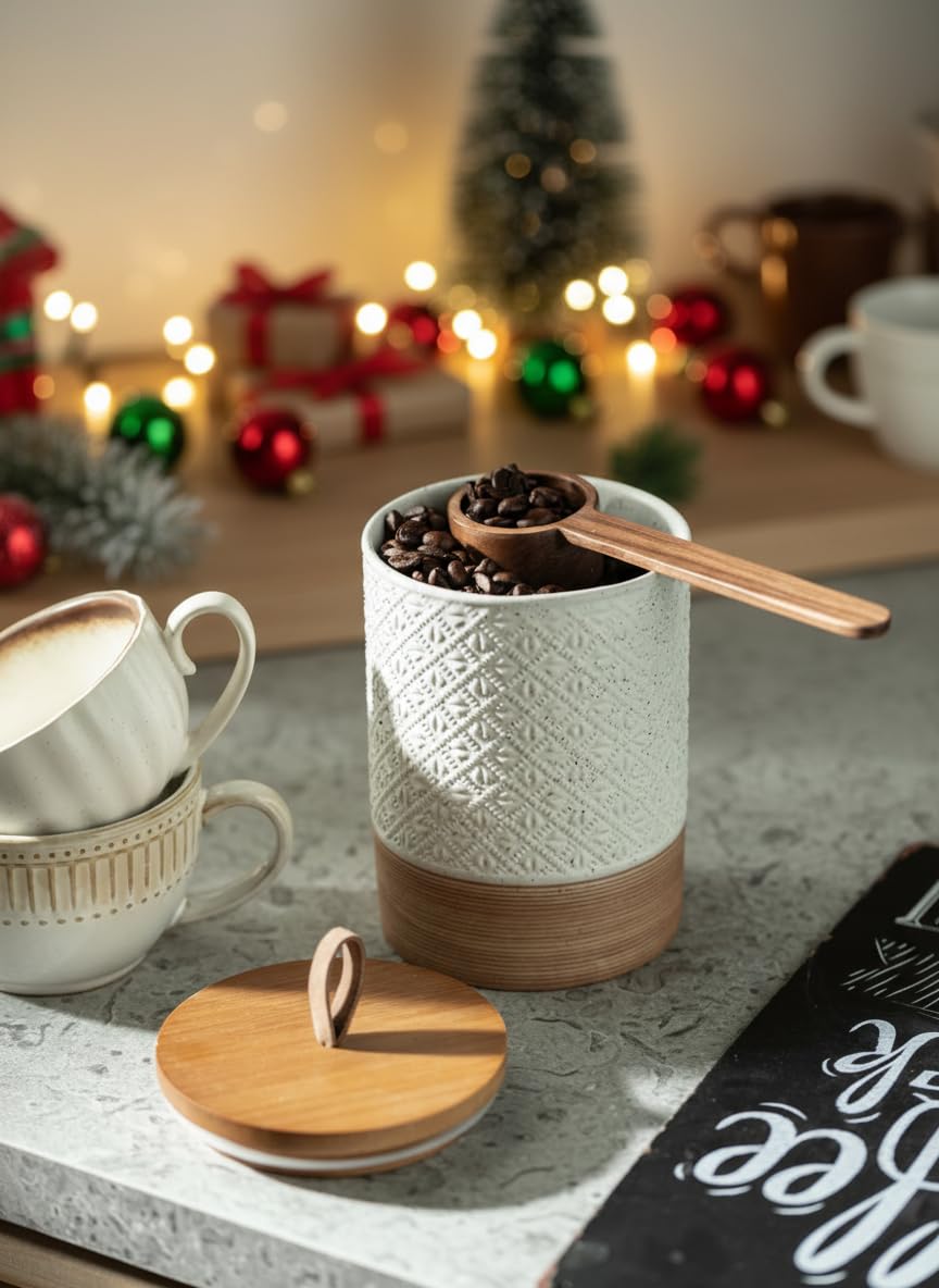 Miamolo ceramic container with embossed pattern elevates kitchen decor while protecting beans.