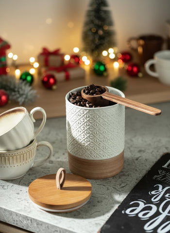 Miamolo ceramic container with embossed pattern elevates kitchen decor while protecting beans.