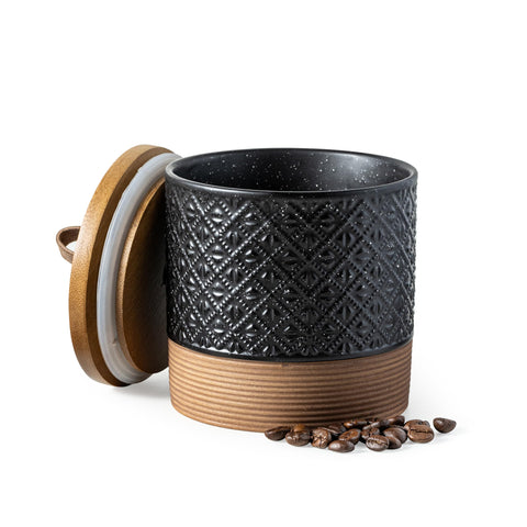 Miamolo ceramic jar with 20oz black lid on the counter keeps pantry items organized.