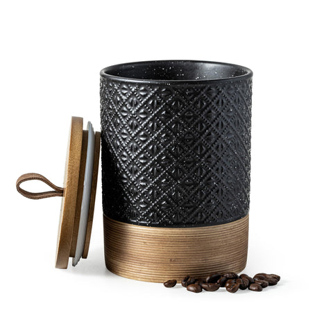 Miamolo ceramic jar with lid shows embossed design and keeps coffee fresh