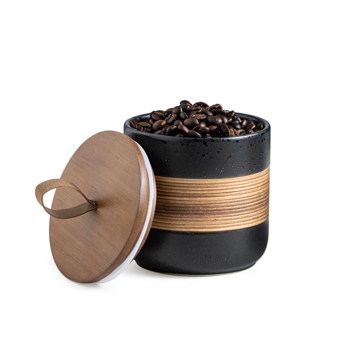 Miamolo ceramic jar with lid in black for airtight pantry organization.