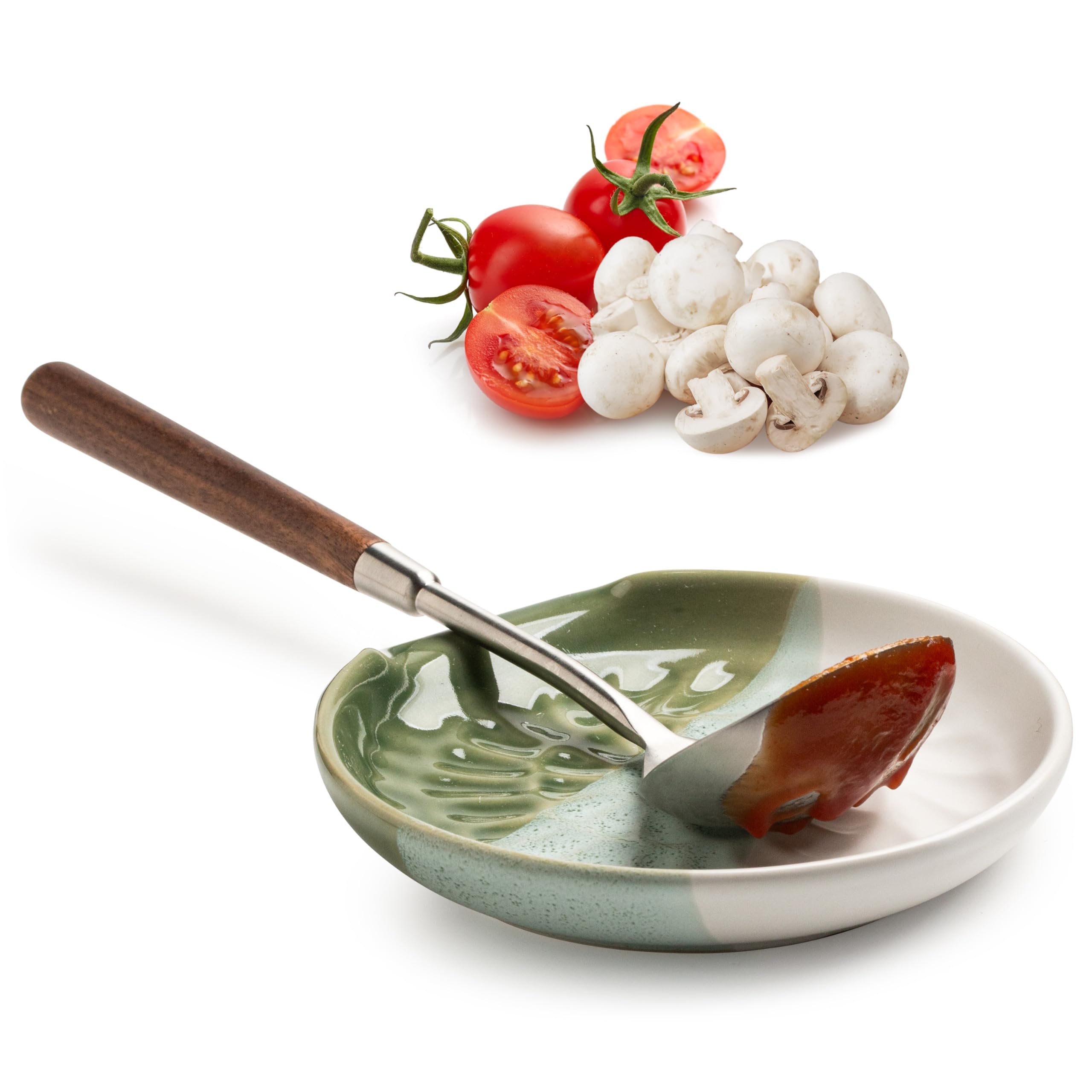Miamolo ceramic spoon rest with gradient green base keeps utensils organized and stylish.