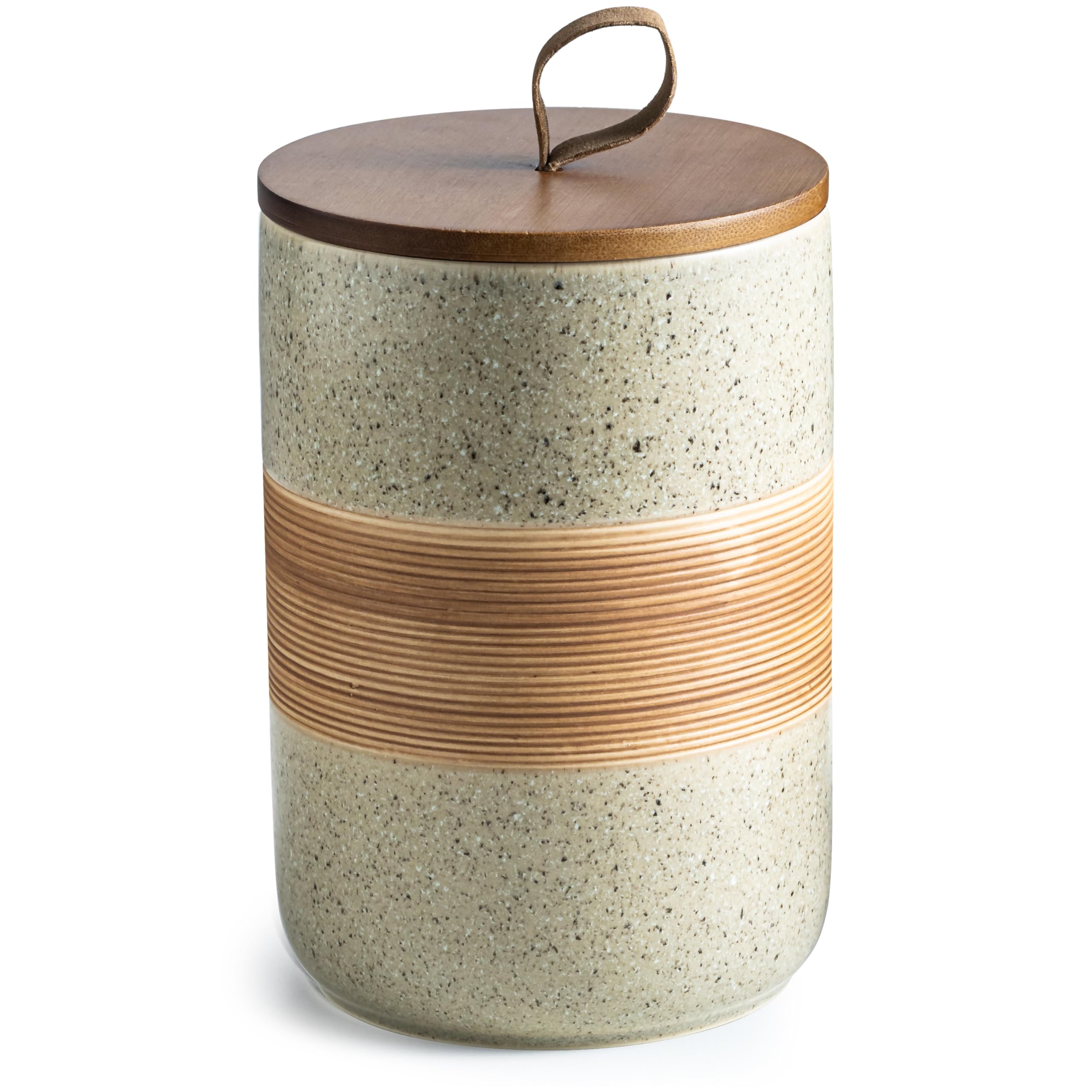 Miamolo ceramic storage jar with lid keeps counter organized and easy to clean.