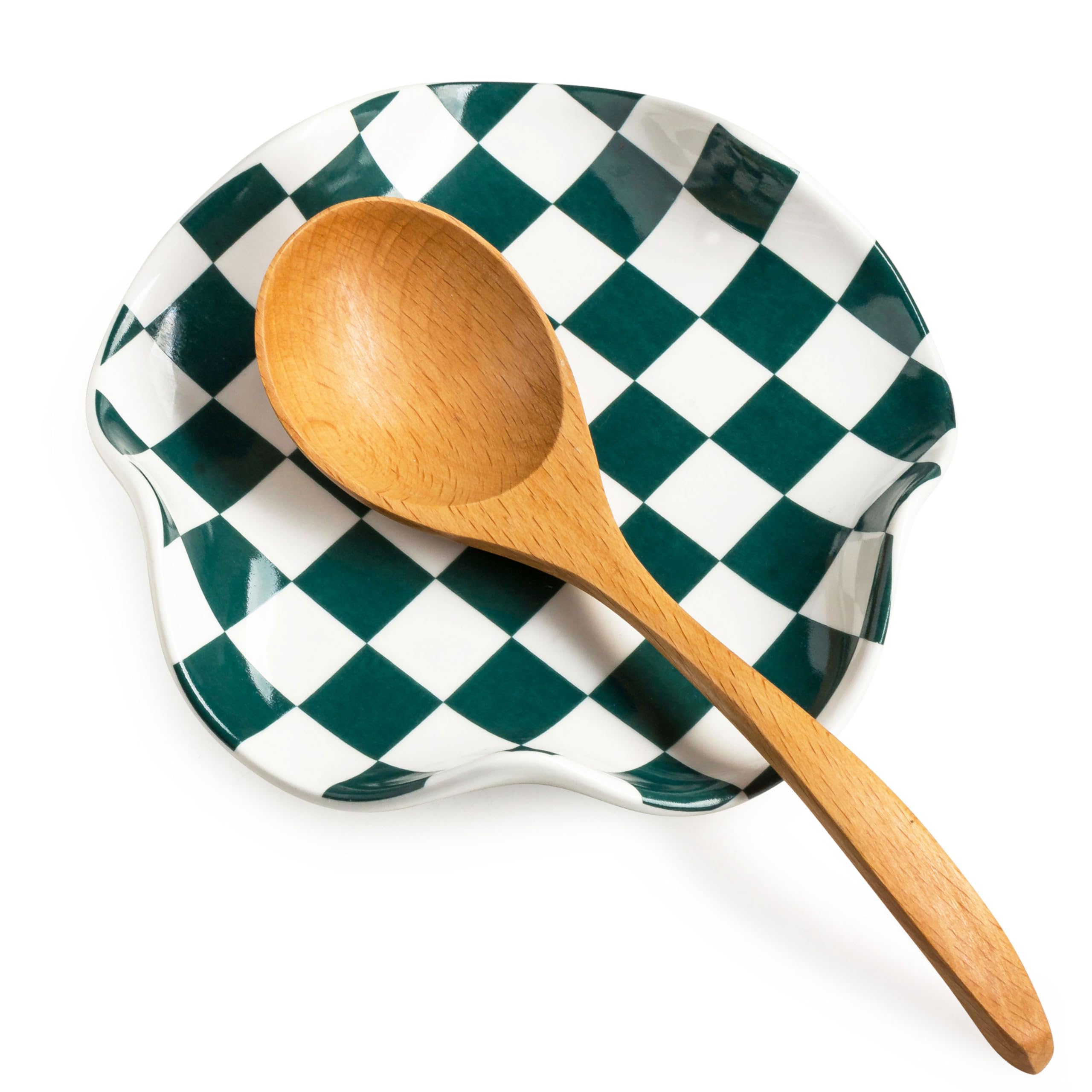 Miamolo checkered spoon rest with floral green-white design on kitchen counter for clean surfaces.