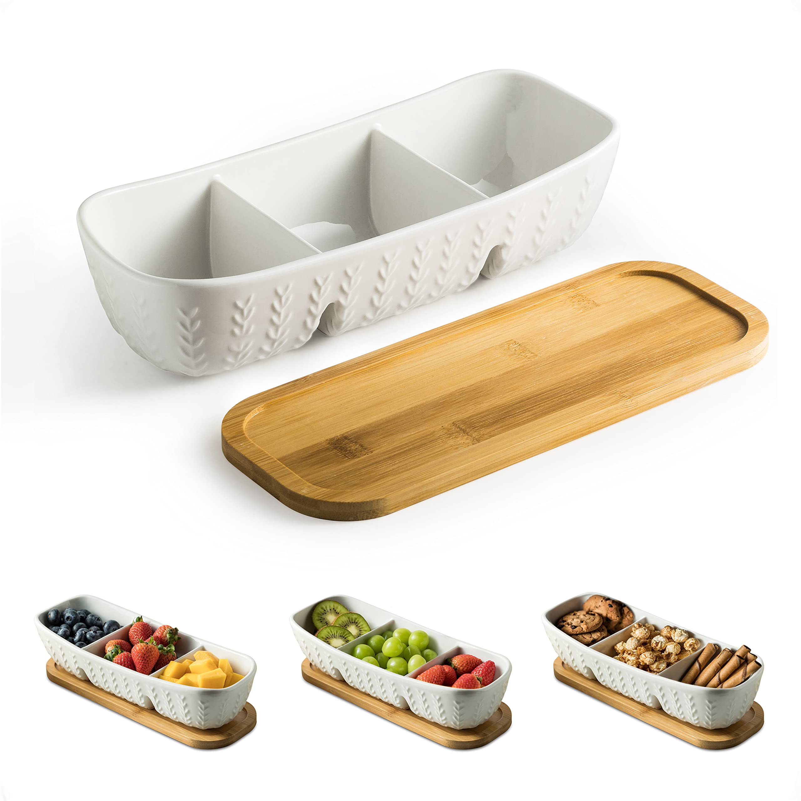 Miamolo chip and dip set on acacia tray for stylish entertaining.