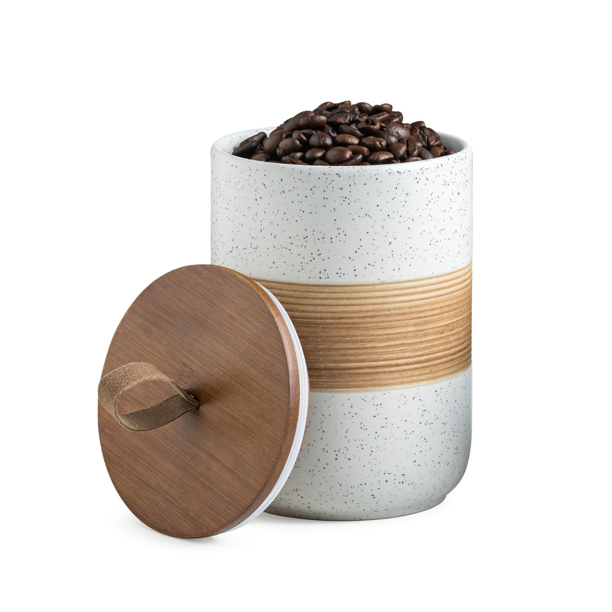 Miamolo coffee container jar with lid shows fresh coffee beans and aroma