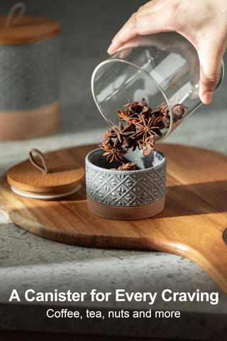 Embellished embossed pattern on Miamolo ceramic jar adds farmhouse charm