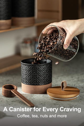 Miamolo embossed-pattern ceramic jar adds vintage charm to kitchen or bath.