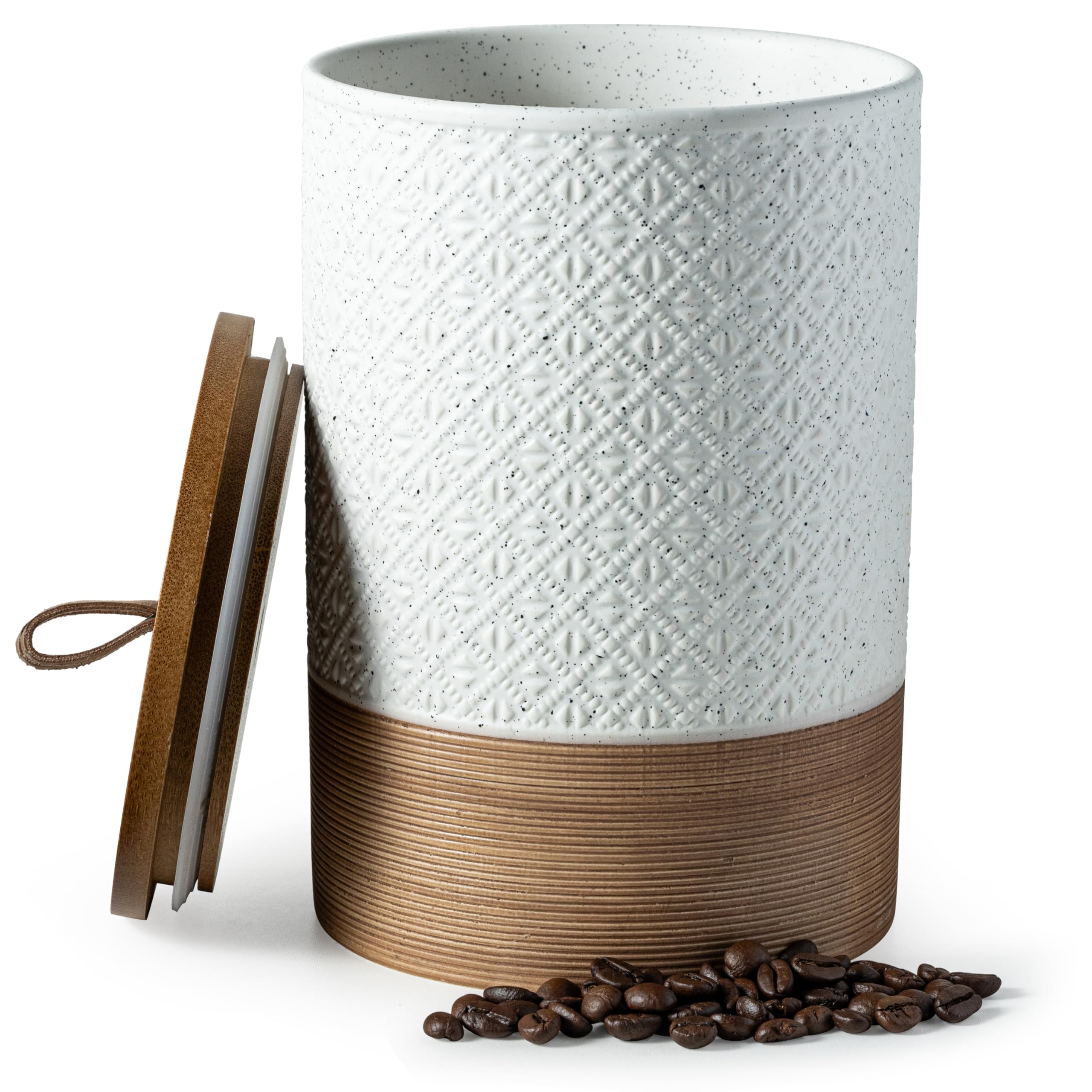 Miamolo large jar with wooden lid on counter seals in freshness for daily coffee storage.