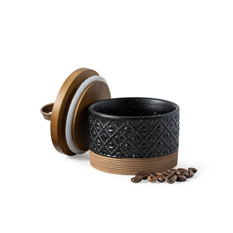 Miamolo mini ceramic jar with airtight lid on counter, keeps pantry ingredients fresh.