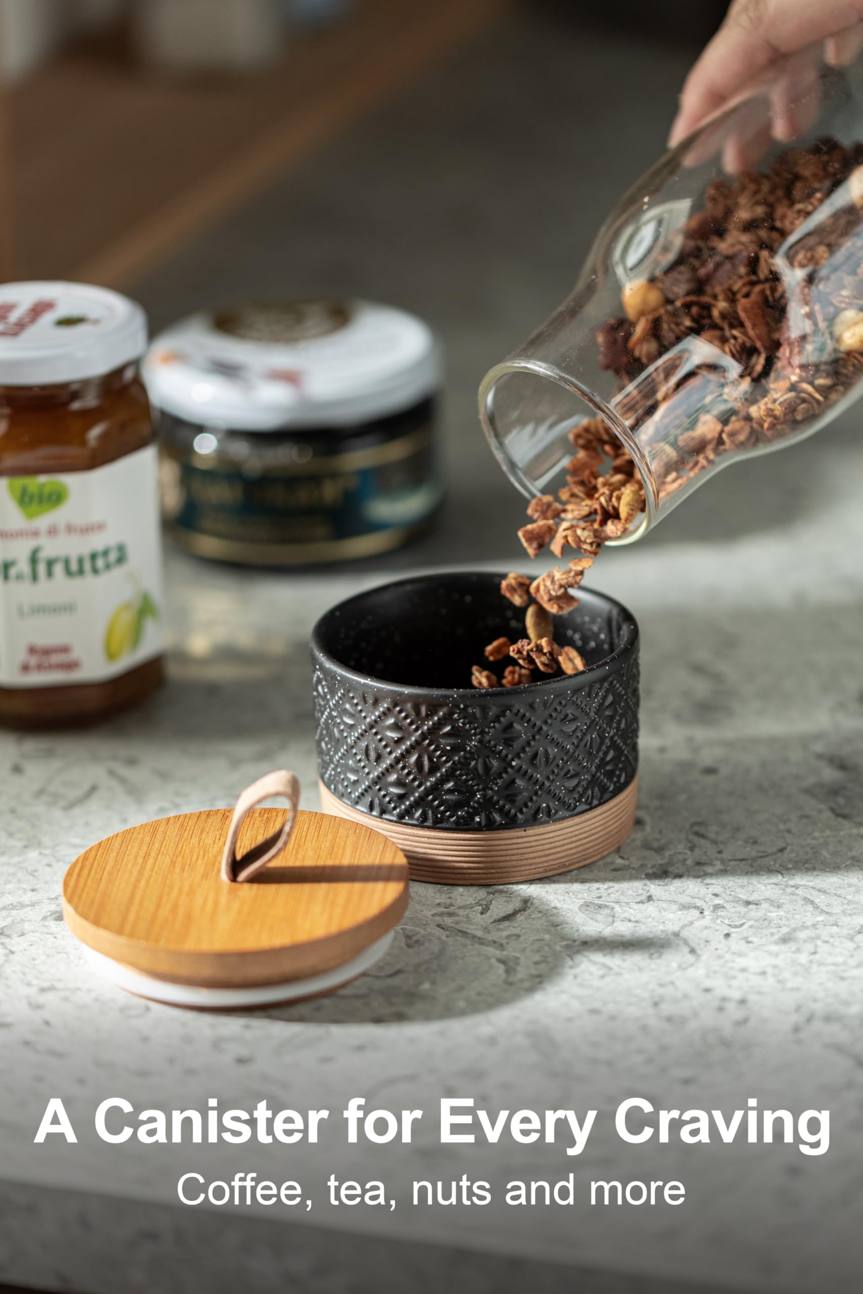 Miamolo coffee jar 5oz with embossed pattern adds decor and preserves aroma.
