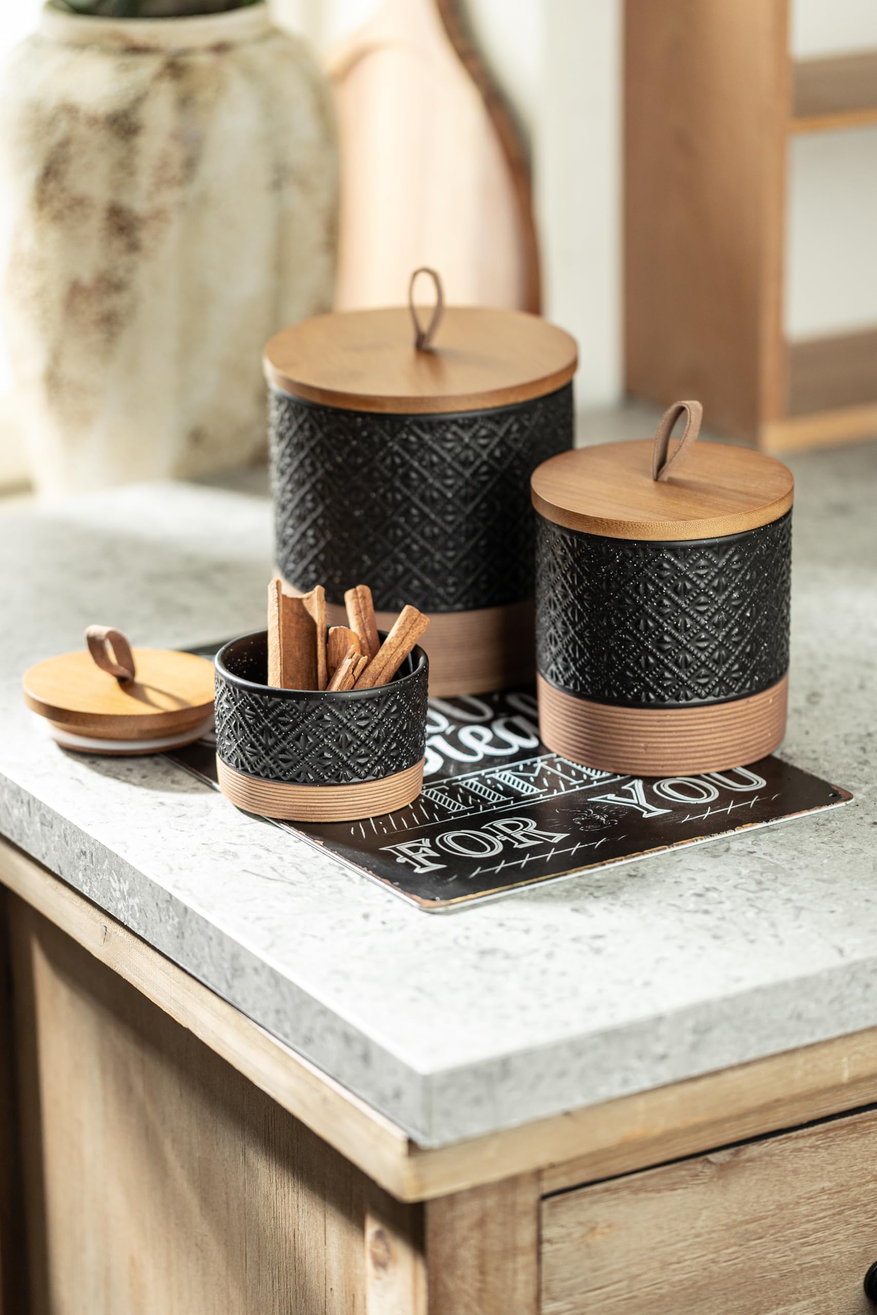 Miamolo embossed ceramic jar elevates shelf appeal with tactile texture.