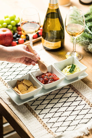 Miamolo serving tray with three dip bowls creates a cohesive party presentation.