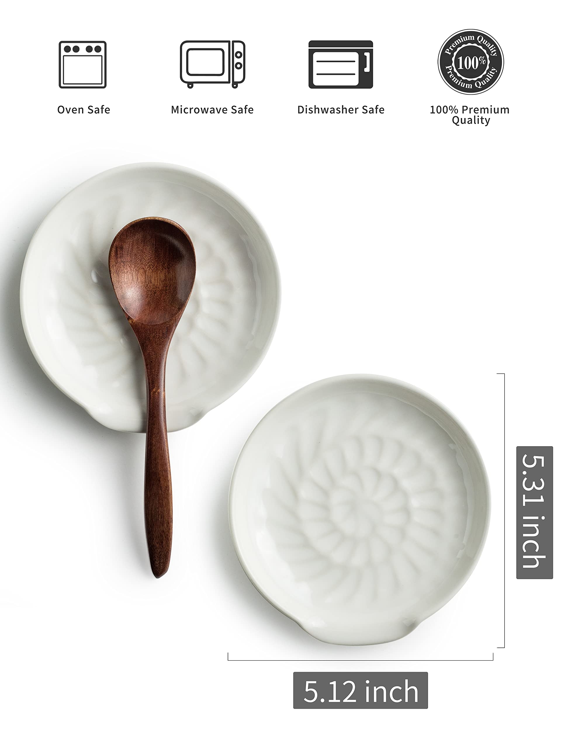 Close up of Miamolo white ceramic spoon rest showing smooth glaze