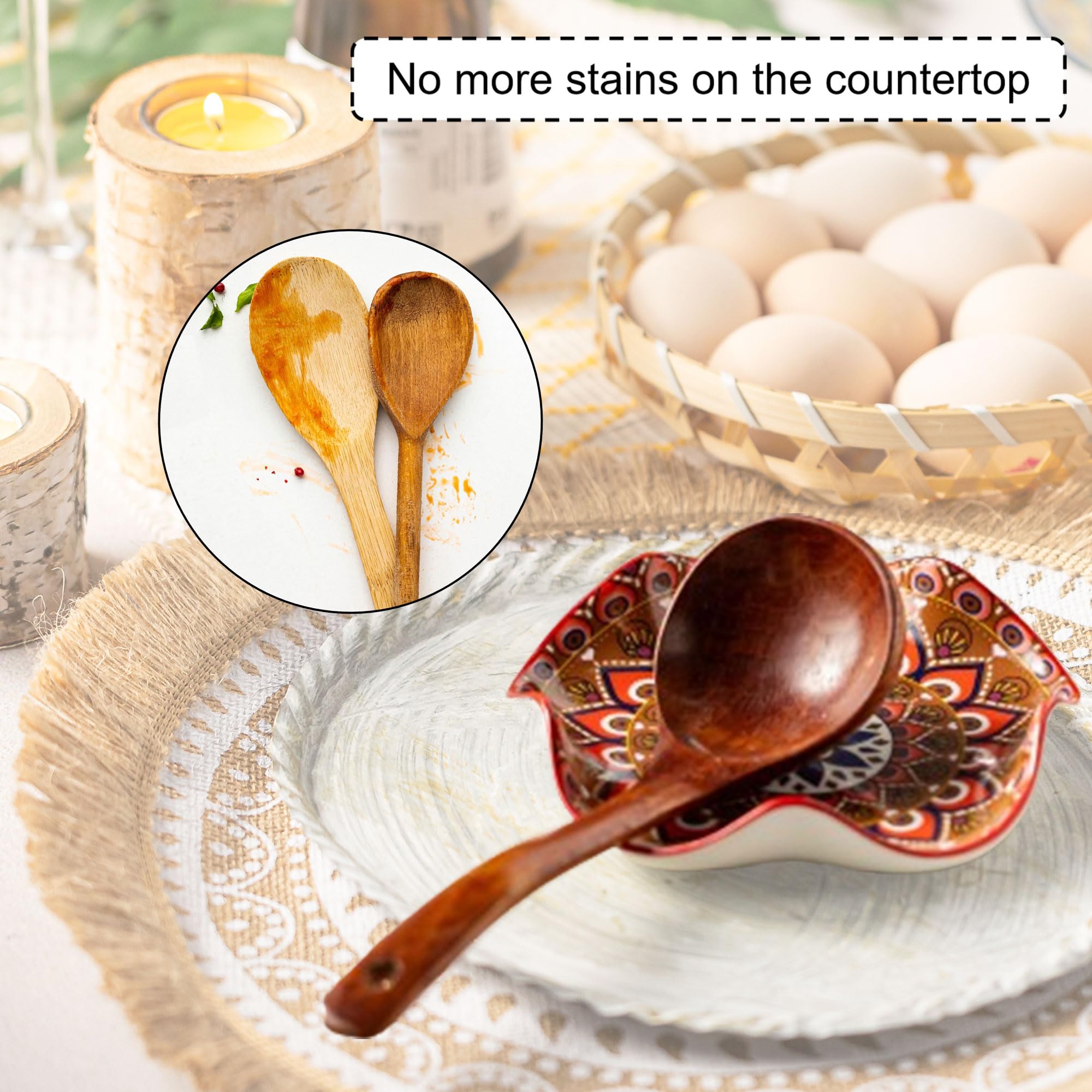 Miamolo spoon rest flower-edge design helps prevent spills during cooking.