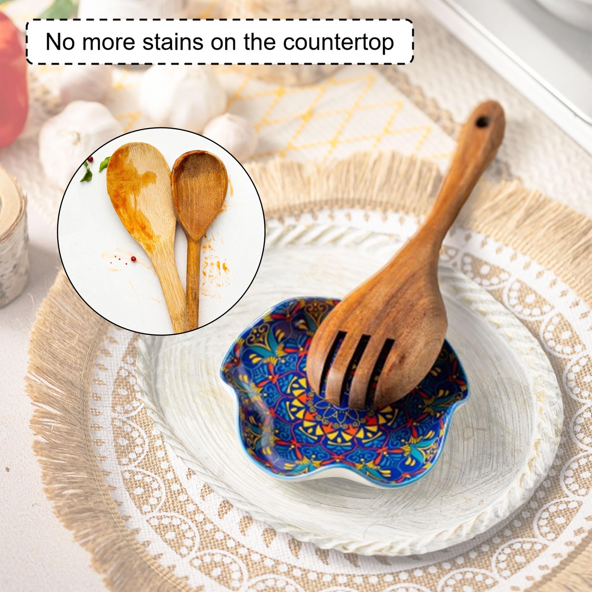Miamolo ceramic spoon rest features flower edge for spill containment.