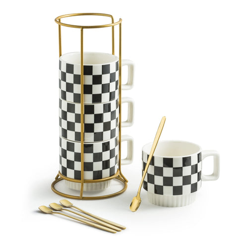 Miamolo stackable mug set with rack for compact storage and easy serving.