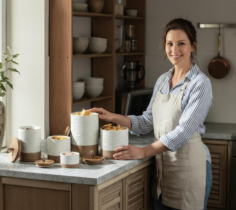 Miamolo white ceramic jar complements modern and rustic kitchen decor.