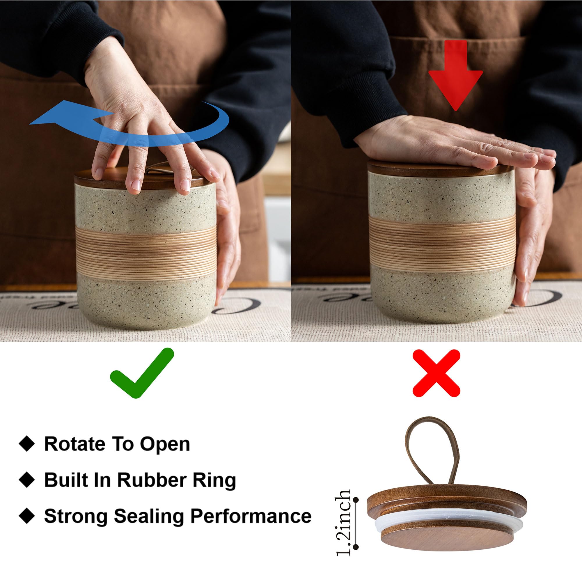 Wooden lid with rope design creates a secure seal and stylish detail.
