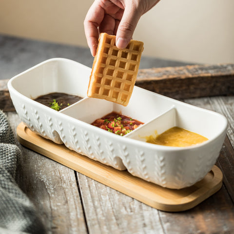 Miamolo wooden serving tray supports three-position drinkware for versatile serving.