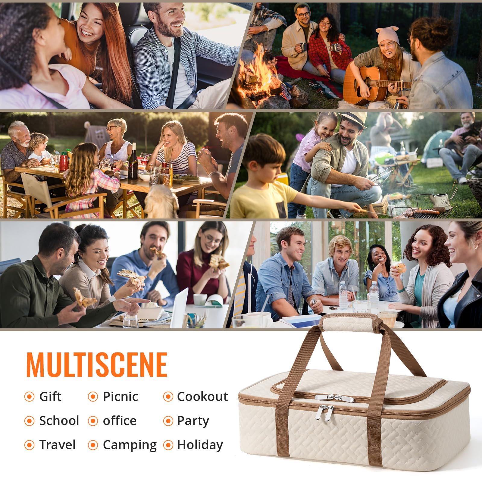 MIAOJIE dual-handle beige casserole carrier for comfortable carrying on trips.