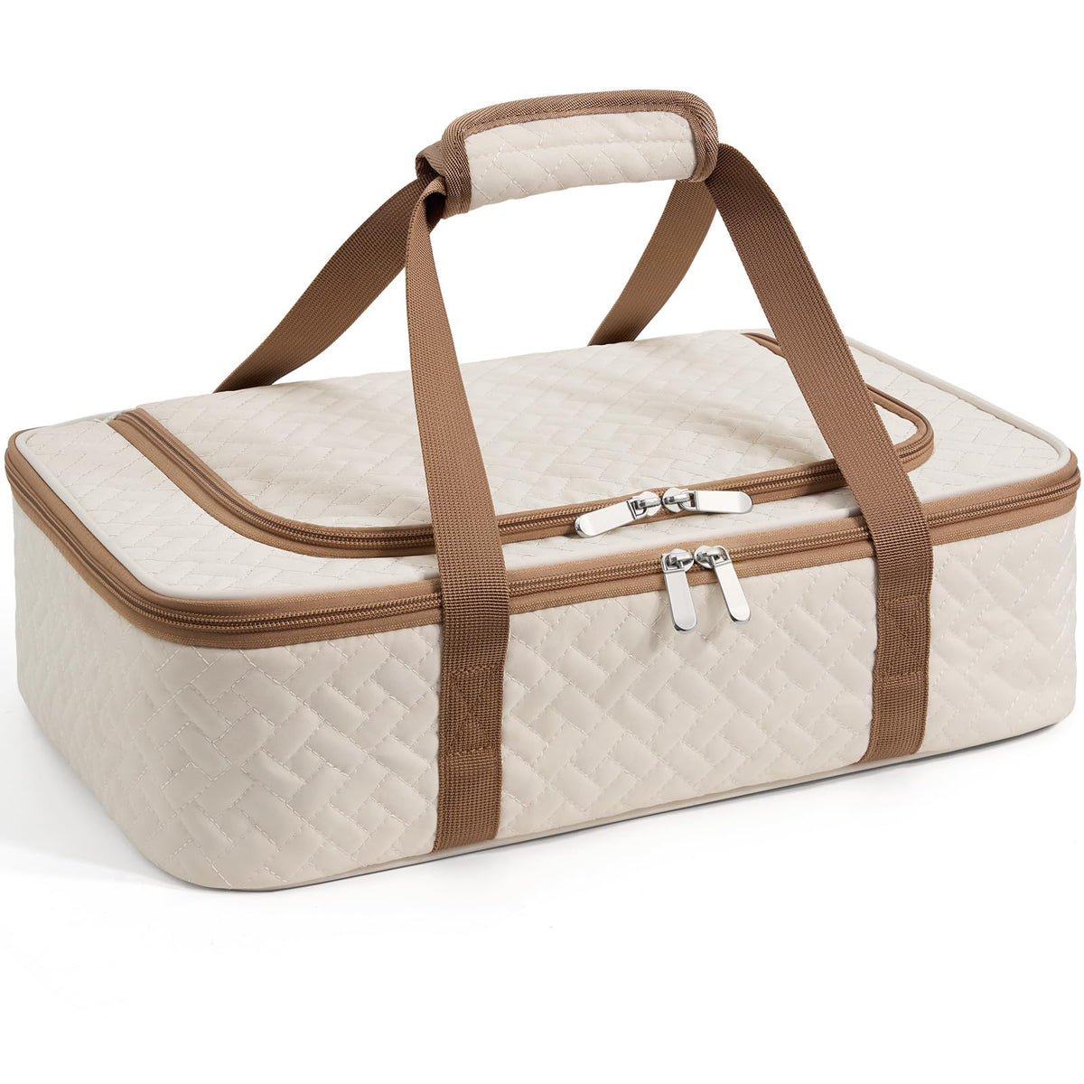 MIAOJIE insulated casserole carrier beige front view showing portable meal transport.