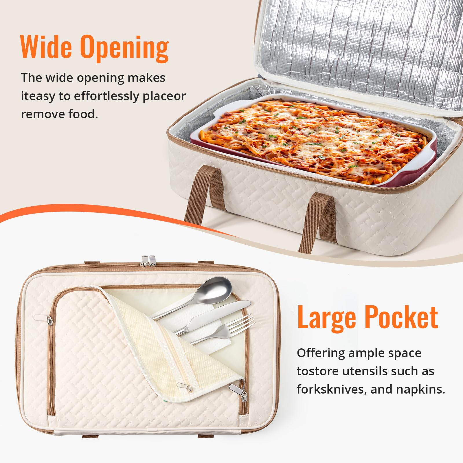 MIAOJIE beige exterior pocket on casserole carrier for utensils and essentials.