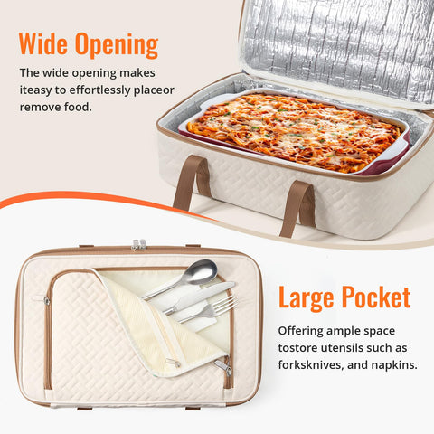 MIAOJIE beige exterior pocket on casserole carrier for utensils and essentials.