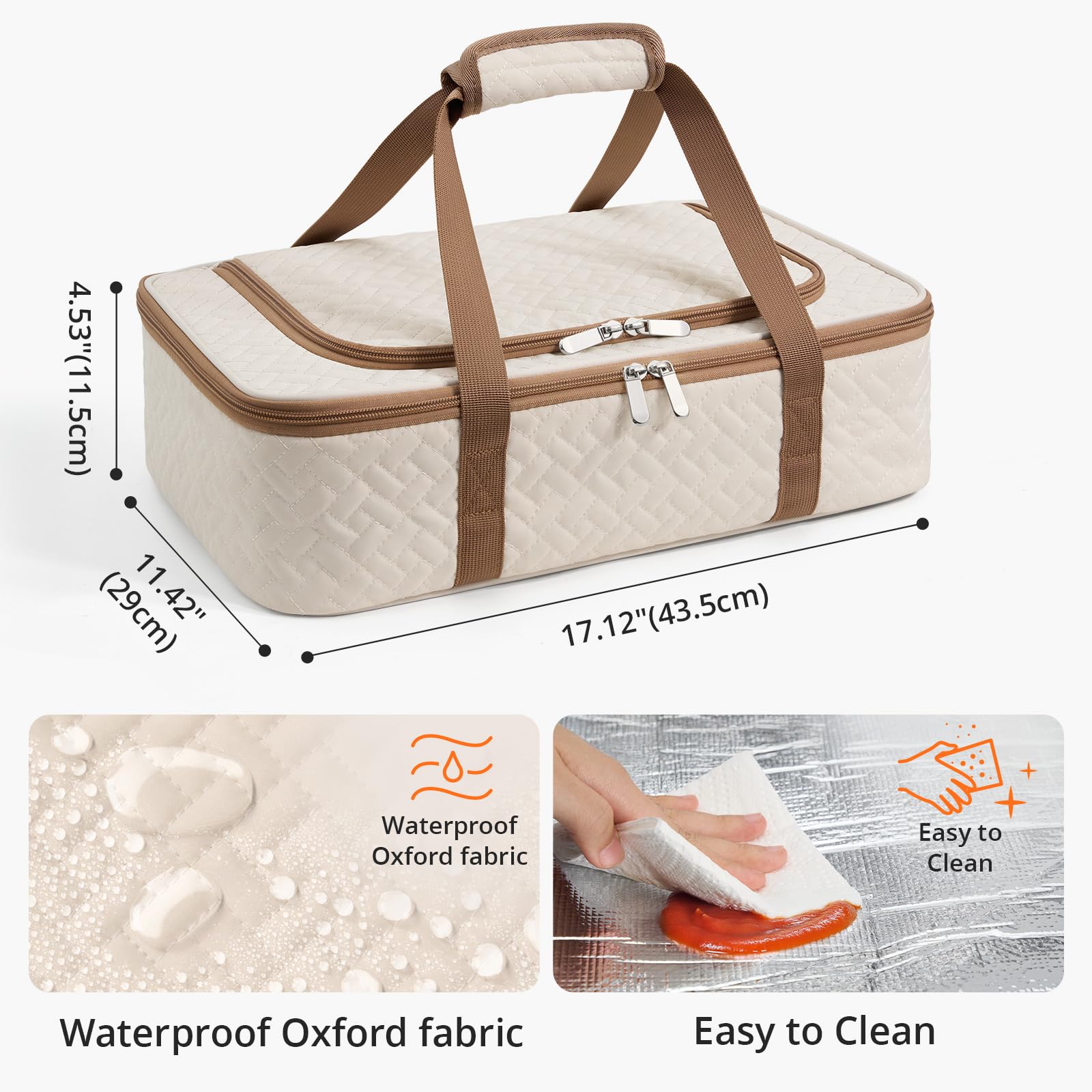 MIAOJIE insulated casserole carrier beige side view highlighting ample interior space for 9x13 dishes.