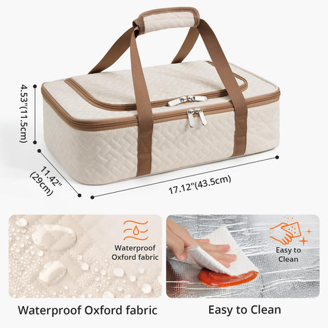 MIAOJIE insulated casserole carrier beige side view highlighting ample interior space for 9x13 dishes.