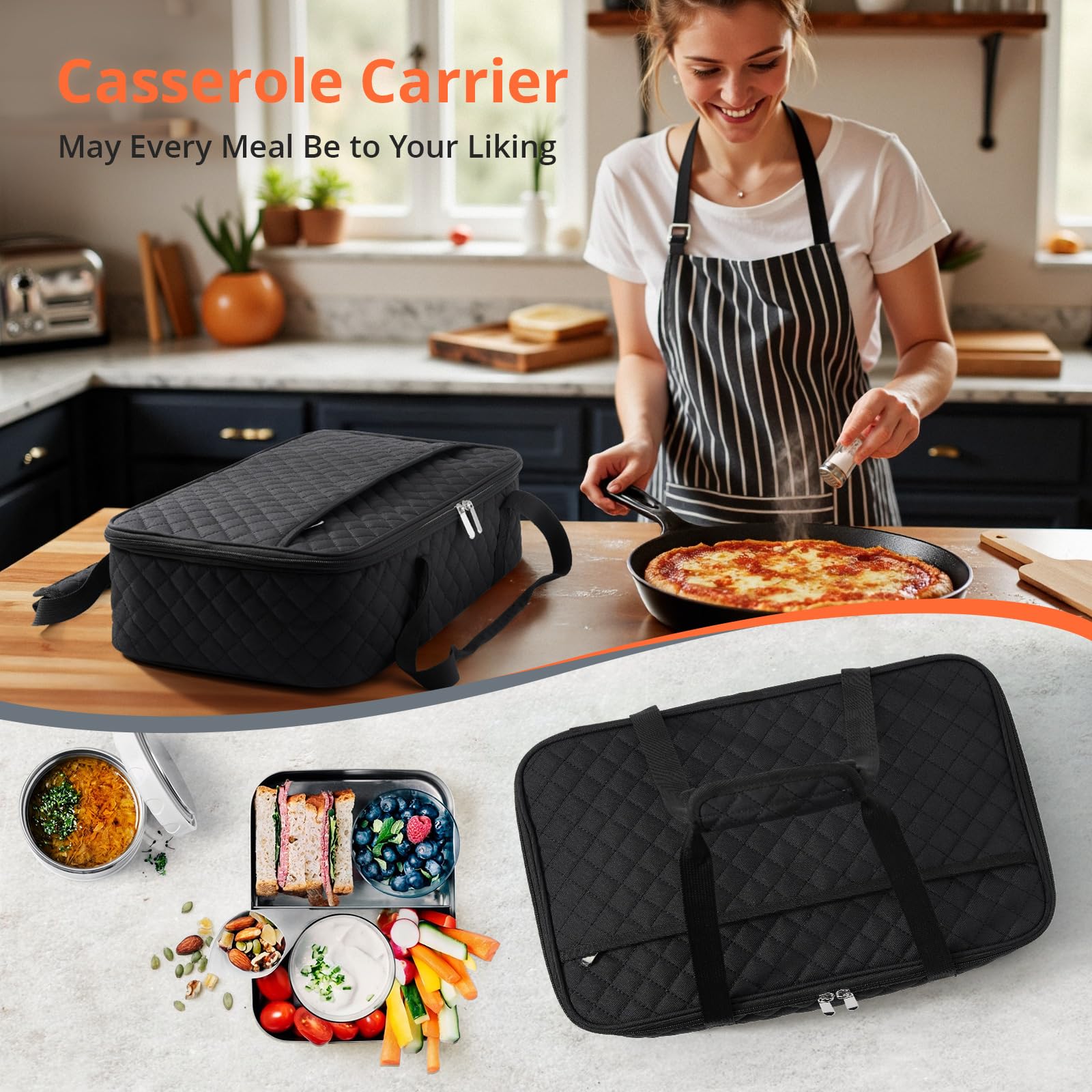 MIAOJIE insulated casserole carrier dimensions show large external size for casseroles.