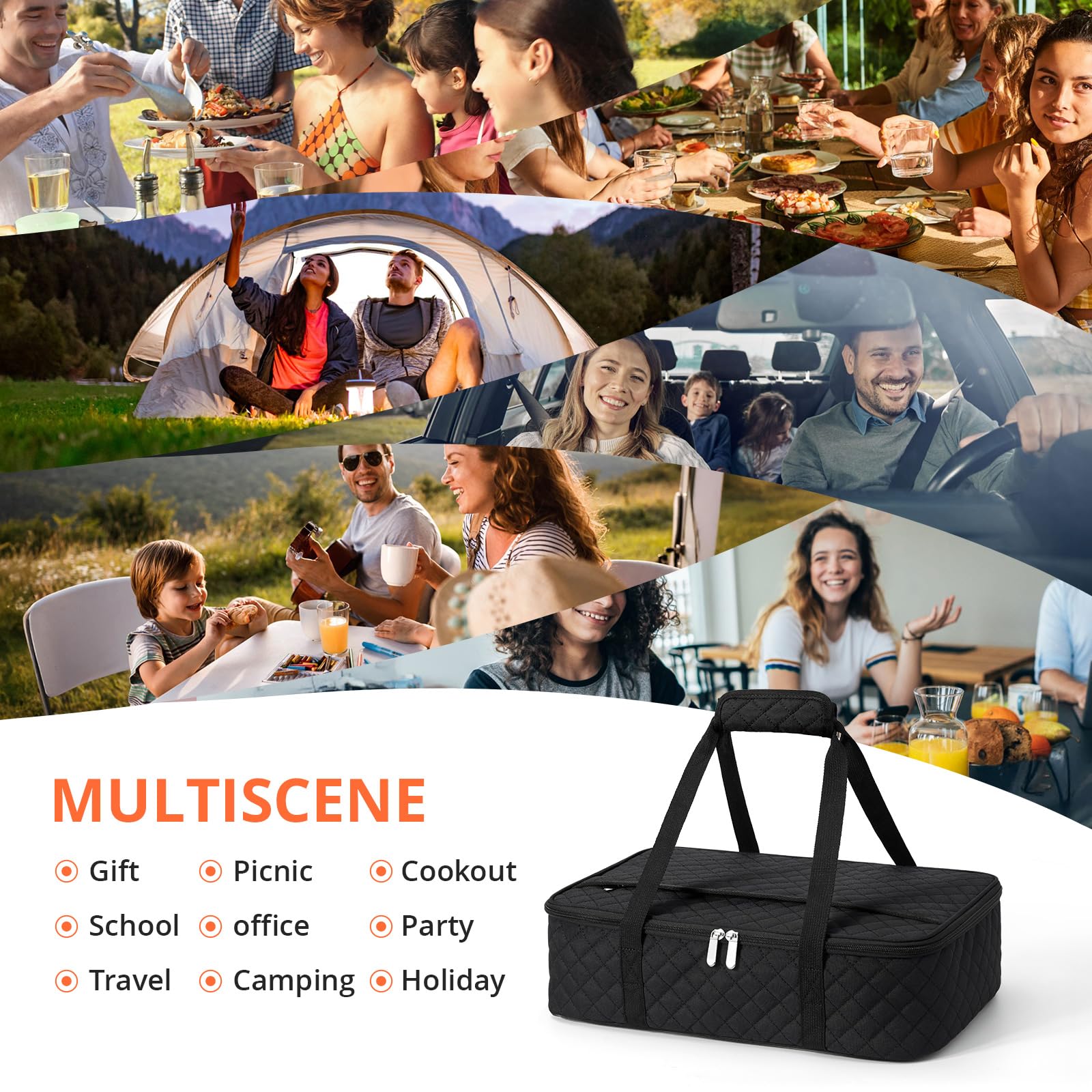 MIAOJIE insulated casserole carrier built-in top pocket stores utensils and napkins.