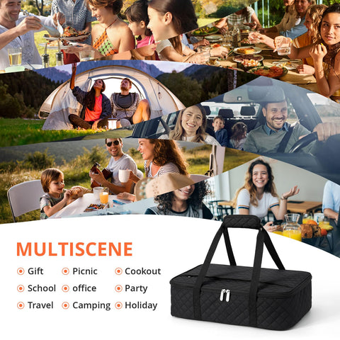 MIAOJIE insulated casserole carrier built-in top pocket stores utensils and napkins.