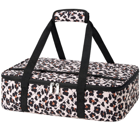 MIAOJIE leopard-print lunch bag exterior for stylish, portable meal transport at work.