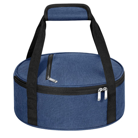 MIAOJIE round casserole carrier exterior in navy blue with durable carry handles for easy transport.