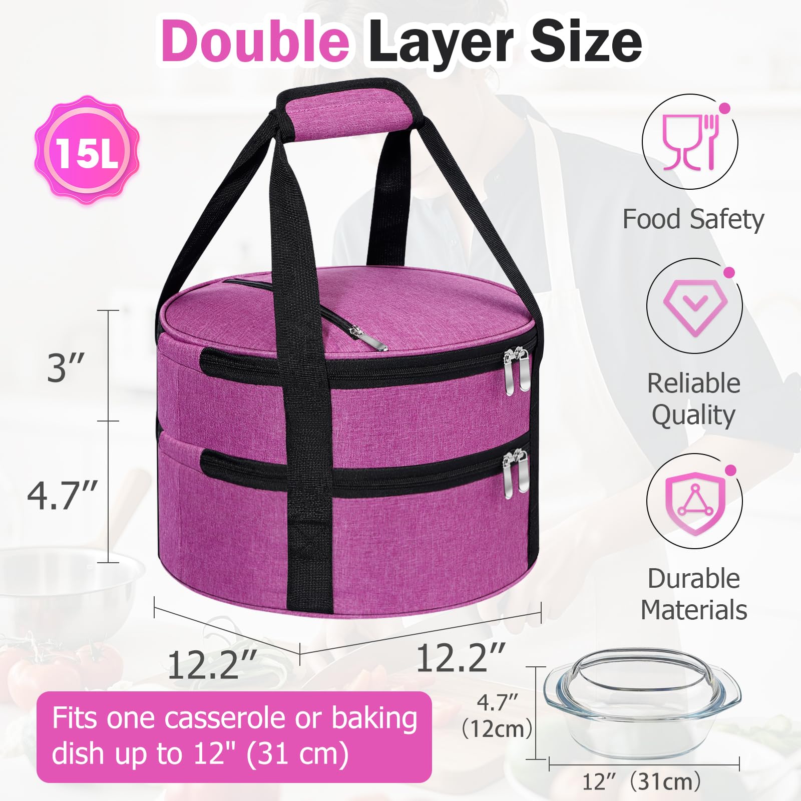 MIAOJIE casserole carrier with two-way zipper designed for easy access and spill prevention.