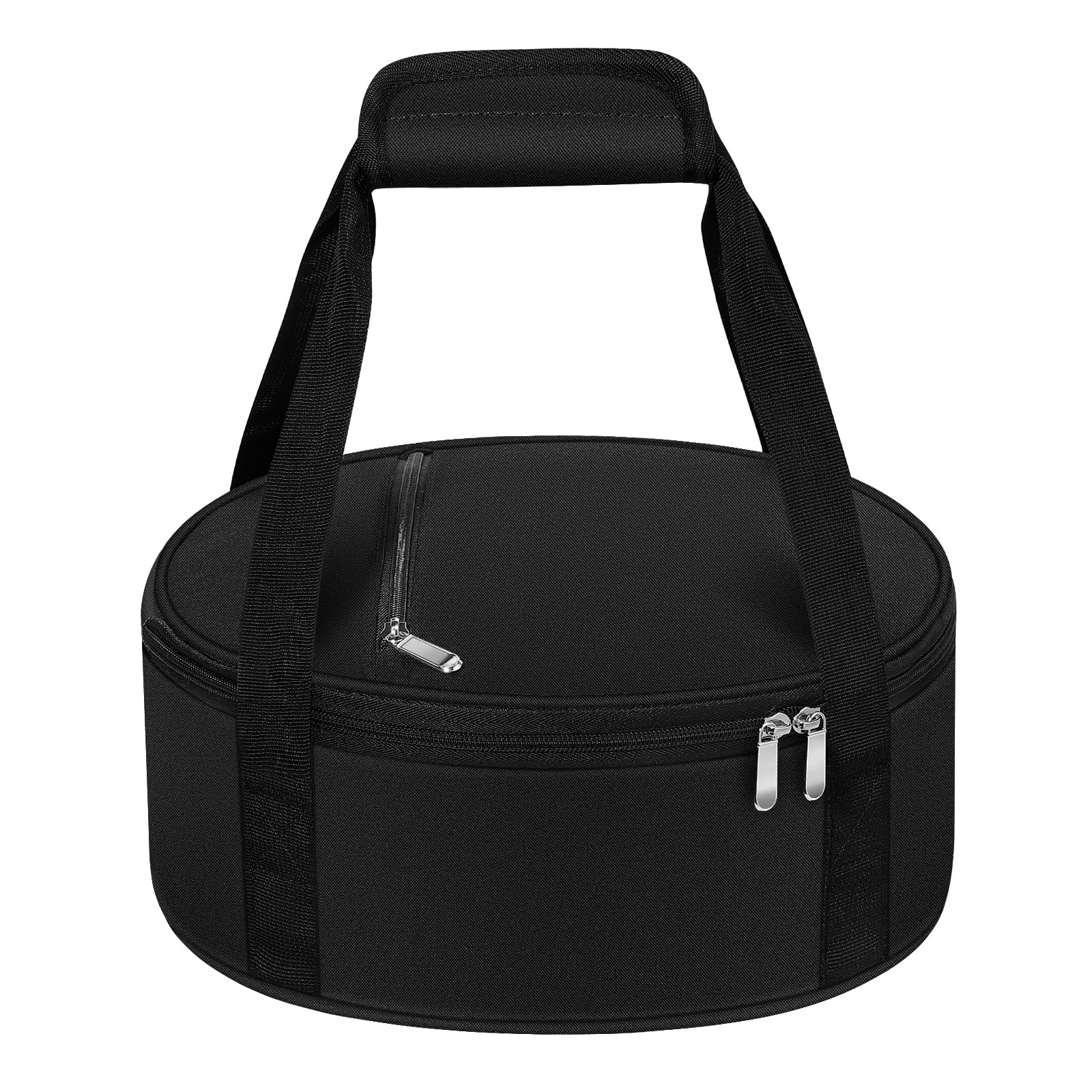 MIAOJIE round insulated casserole carrier exterior view, black shell for easy transport.