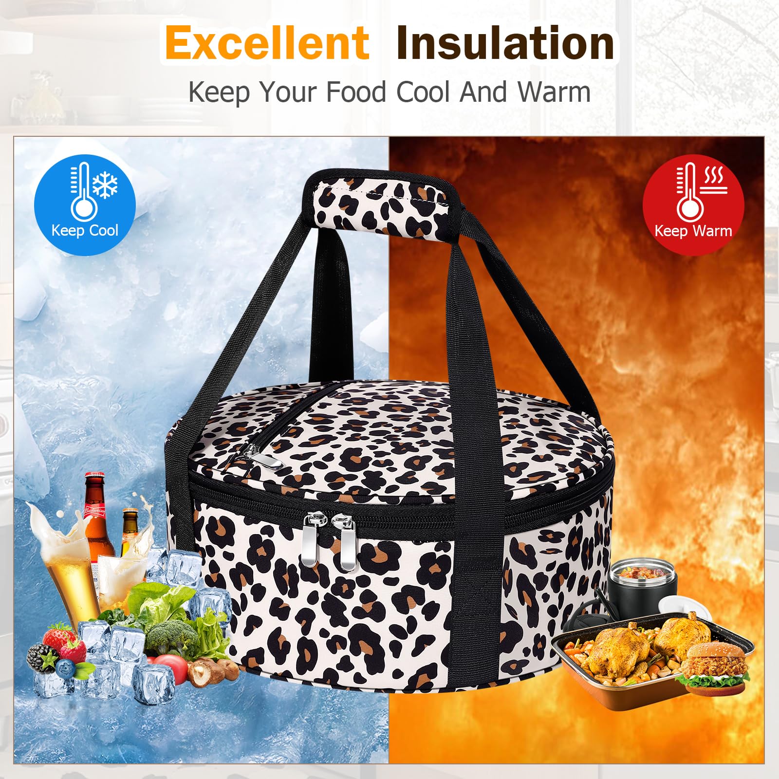 MIAOJIE leopard insulated carrier with dual handles for easy carrying.